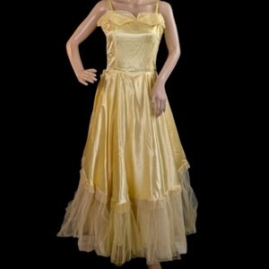 Vintage 1940s Yellow Satin Prom Dress, Very Disney Princess-y! For Kitty Rescue!